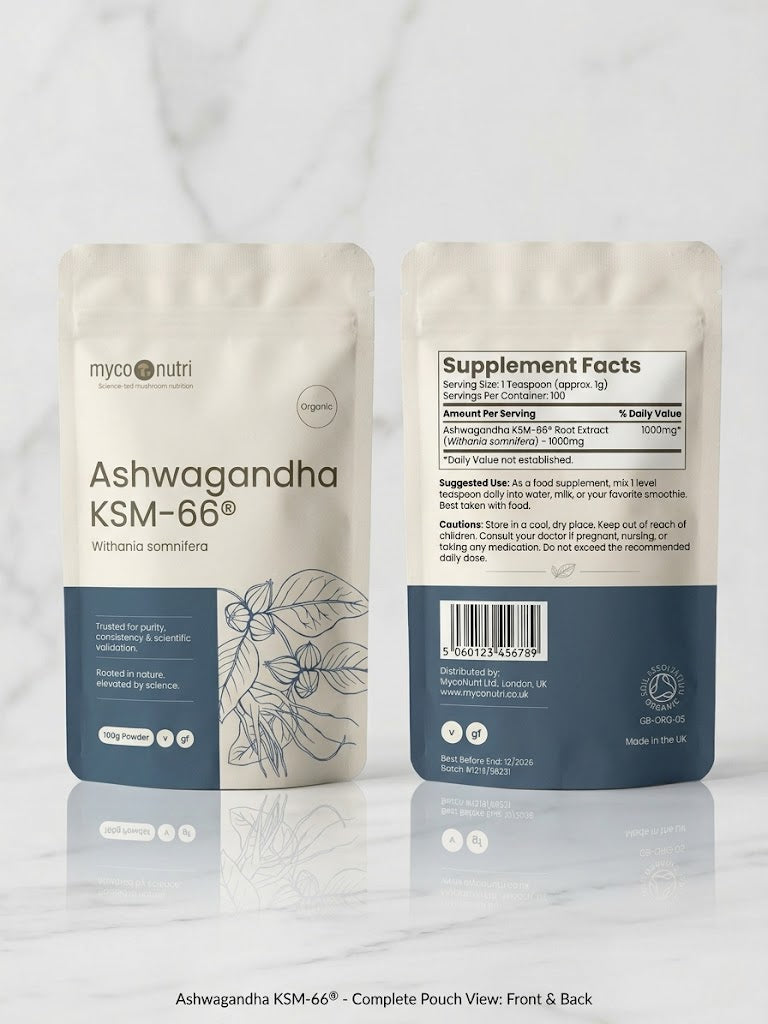 Front and back view of the MycoNutri Organic Ashwagandha KSM-66 powder pouch, displaying the clinical formulation and organic credentials on a minimalist white marble table.
