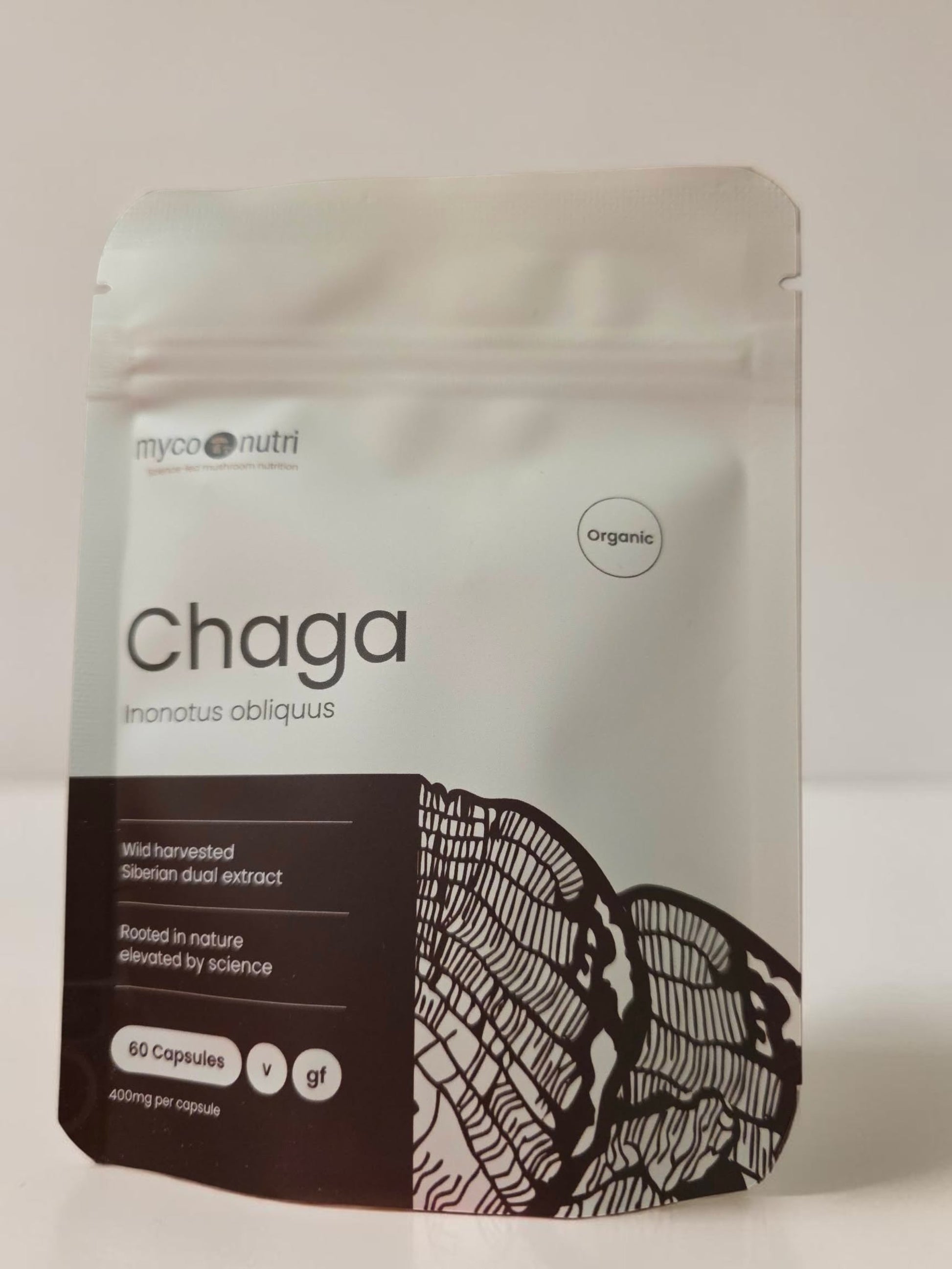 Front view of the clean white and dark brown MycoNutri Organic Chaga 60 capsules pouch. The label clearly indicates it contains 60 vegan capsules of wild-harvested Inonotus obliquus dual-extract