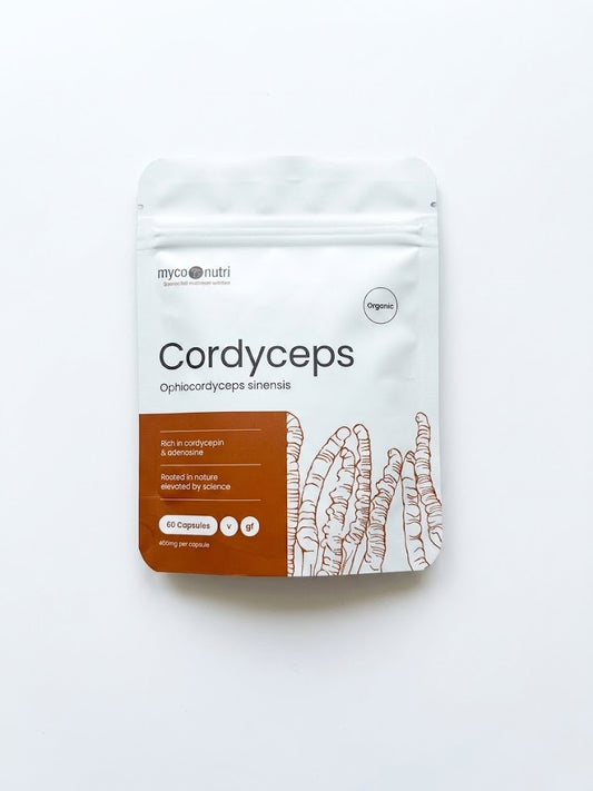 Front view of the MycoNutri Organic Cordyceps Sinensis pouch on a white background, featuring the botanical illustration, 60 vegan capsules (400mg per capsule), and organic certification.
