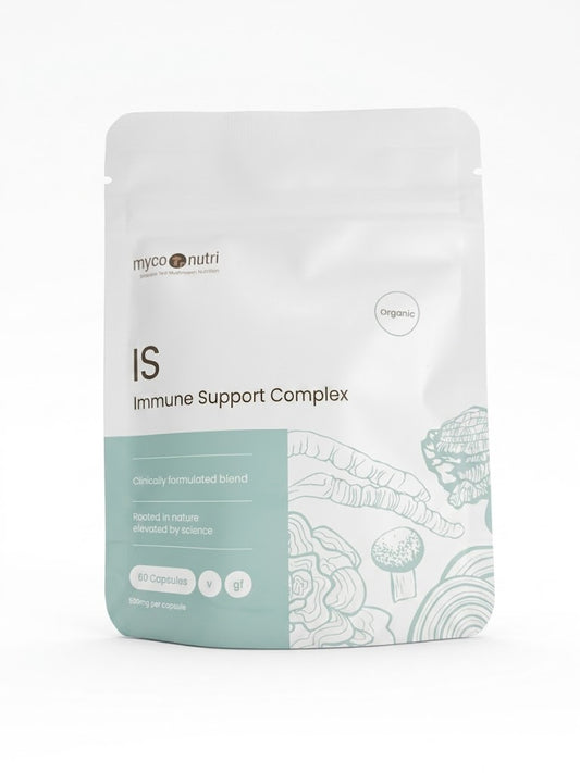 Front view of the MycoNutri Organic IS Immune Support Complex pouch on a clean white background, featuring pale sage green botanical illustrations and highlighting 60 vegan, gluten-free capsules.