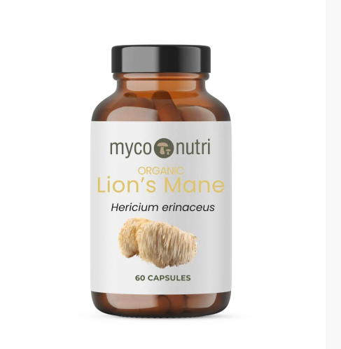 A pristine amber glass apothecary bottle of MycoNutri Organic Lion's Mane supplement with a black lid. The white clinical label displays the MycoNutri logo, a detailed image of the Hericium erinaceus mushroom, and indicates it contains 60 vegan capsules