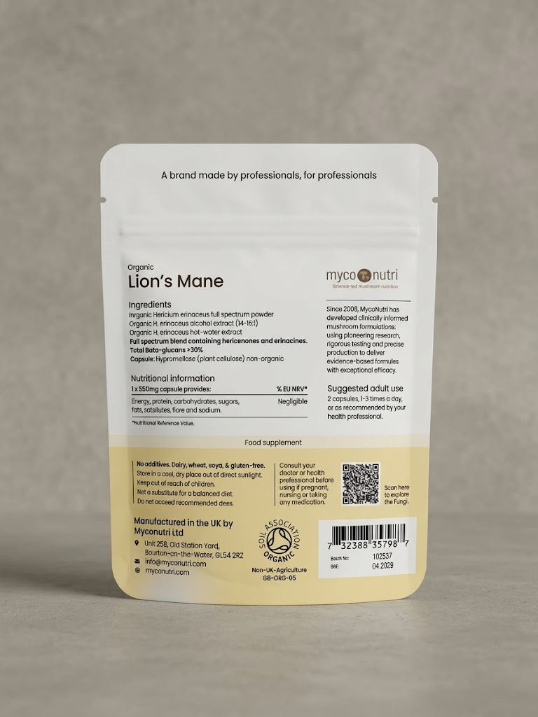 Back of MycoNutri Organic Lion's Mane pouch displaying ingredients, total beta-glucan specifications (>30%), Soil Association organic certification logo, and UK manufacturing details.
