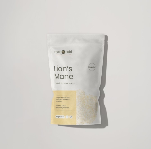A clean, minimalist white stand-up pouch of MycoNutri Organic Lion's Mane Powder, 100g. The front label features the MycoNutri logo and highlights that it is a full-spectrum extract rich in hericenones and erinacines, with organic, vegan, and gluten-free badges visible