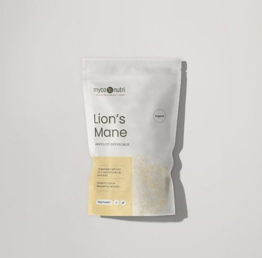 A clean, minimalist white stand-up pouch of MycoNutri Organic Lion's Mane Powder, 100g. The front label features the MycoNutri logo and highlights that it is a full-spectrum extract rich in hericenones and erinacines, with organic, vegan, and gluten-free badges visible