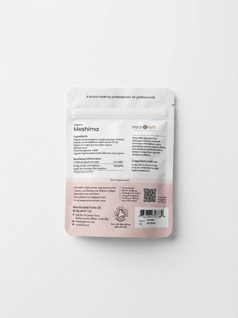 Back of the MycoNutri Organic Meshima pouch displaying the concentrated hot-water extract ingredients, a >40% total beta-glucans specification, and the Soil Association Organic certification logo.