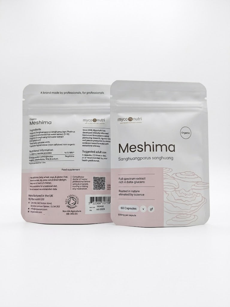 Front and back view of the MycoNutri Organic Meshima (Sanghuangporus sanghuang) 60 capsule pouch on a clean white background, highlighting its full spectrum extract rich in beta-glucans.