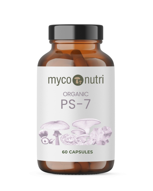 A premium amber glass apothecary bottle of MycoNutri Organic PS-7 mushroom complex. The clean white label features a purple-tinted botanical illustration of seven medicinal mushrooms and indicates it contains 60 vegan capsules for comprehensive immune support