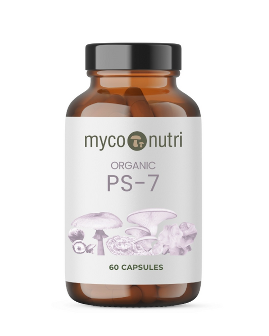 A premium amber glass apothecary bottle of MycoNutri Organic PS-7 mushroom complex. The clean white label features a purple-tinted botanical illustration of seven medicinal mushrooms and indicates it contains 60 vegan capsules for comprehensive immune support