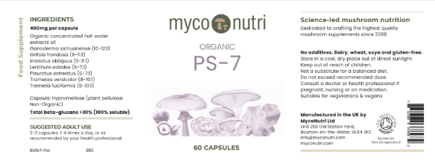 The complete supplement facts label for MycoNutri Organic PS-7 capsules. It details the precise extraction ratios of seven organic medicinal mushrooms, guarantees over 30% soluble beta-glucans, and proudly displays the Soil Association Organic certification logo