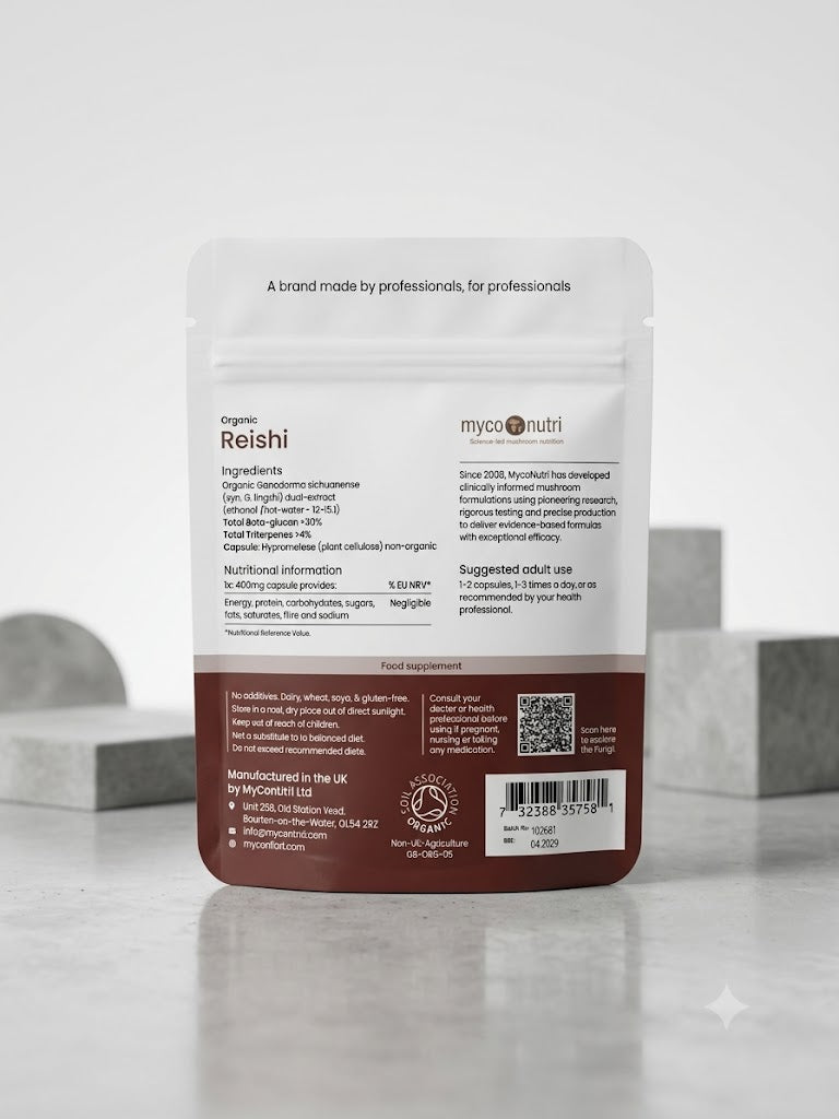 Back of MycoNutri Organic Reishi capsule pouch displaying the dual extract specifications, vegan capsule shell ingredients, and Soil Association certification on a white surface.