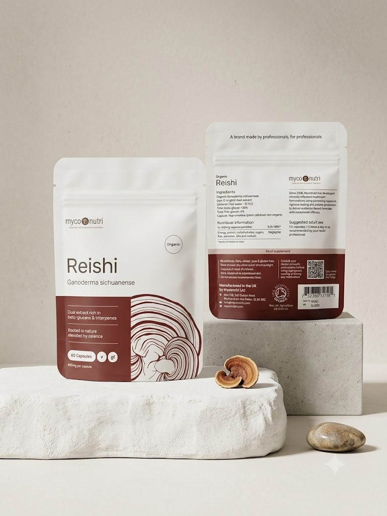 Front and back view of the MycoNutri Organic Reishi 60 capsule pouch, displaying loose vegan capsules and a dried Reishi mushroom slice on a minimalist white stone pedestal