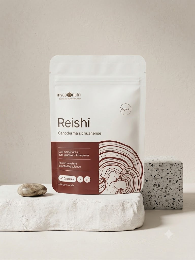 Front of MycoNutri Organic Reishi pouch containing 60 vegan capsules resting on a white stone surface.