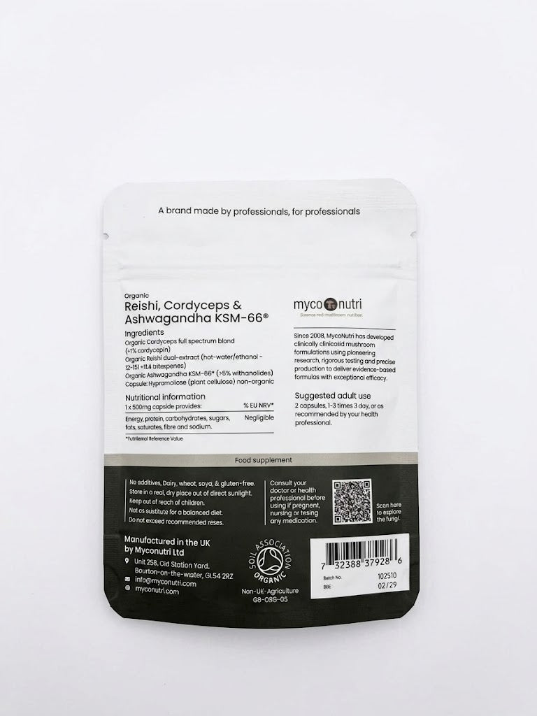 Back of the MycoNutri Organic Reishi, Cordyceps & Ashwagandha KSM-66 Complex pouch displaying the full spectrum ingredient list, Soil Association Organic logo, and UK manufacturing information.
