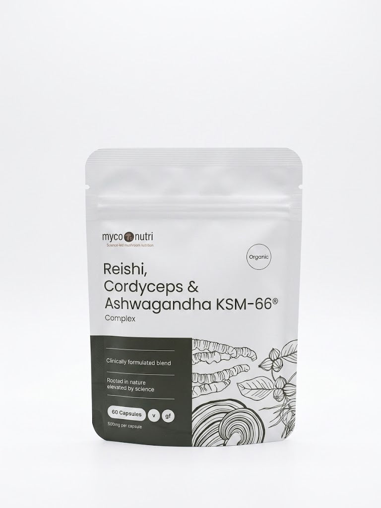 Front view of the MycoNutri Organic Reishi, Cordyceps & Ashwagandha KSM-66 Complex pouch on a clean white background, featuring botanical illustrations and clinically formulated blend details.