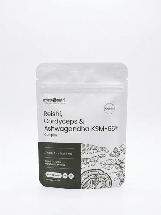 Front view of the MycoNutri Organic Reishi, Cordyceps & Ashwagandha KSM-66 Complex pouch on a clean white background, featuring botanical illustrations and clinically formulated blend details.