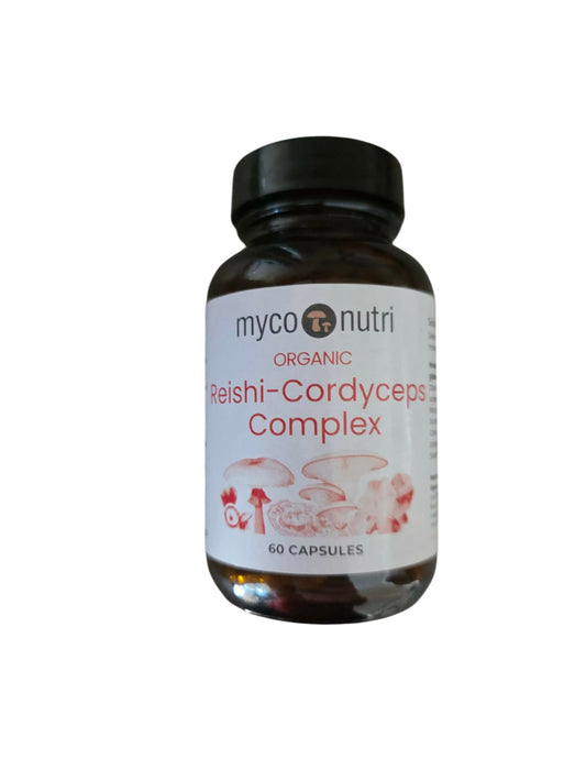Front view of a premium amber glass apothecary bottle of MycoNutri Organic Reishi-Cordyceps Complex. The clean white label features a red-tinted botanical mushroom illustration and indicates it contains 60 capsules of this organic dual-mushroom formulation