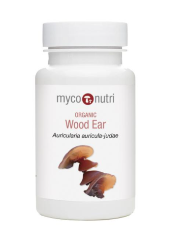 Front view of the clean, white practitioner bottle for MycoNutri Organic Wood Ear supplement. The clinical label displays the Auricularia auricula-judae mushroom and confirms it contains 60 vegan capsules.