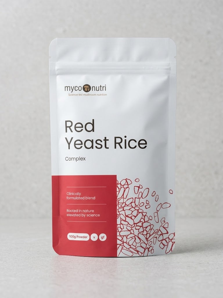 Front view of the MycoNutri Red Yeast Rice Complex pouch on a clean stone surface, featuring the 100g powder specification and highlighting the clinically formulated blend.