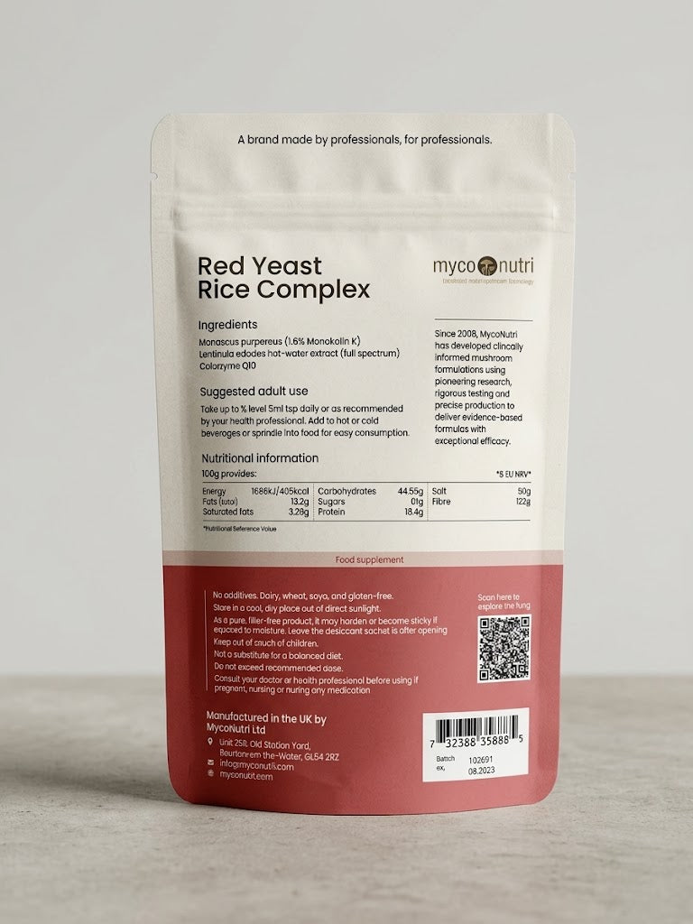 Back view of the MycoNutri Red Yeast Rice Complex 100g powder pouch, displaying the full ingredient list of Monascus purpureus, Lentinula edodes extract, and CoQ10, alongside nutritional values.