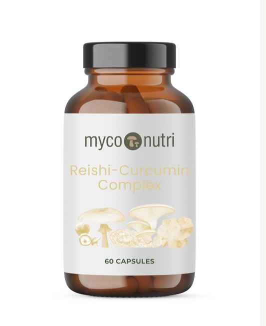 A premium amber glass apothecary bottle of MycoNutri Reishi-Curcumin Complex supplement. The clean white label features a botanical illustration of medicinal mushrooms and indicates it contains 60 vegan capsules for joint and immune support