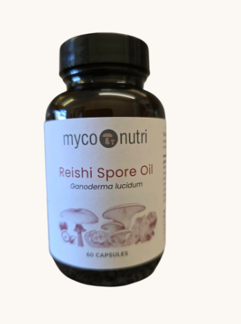 Front view of the premium amber glass bottle of MycoNutri Reishi Spore Oil. The minimalist label features a soft purple mushroom botanical illustration and indicates 60 capsules of Ganoderma lucidum