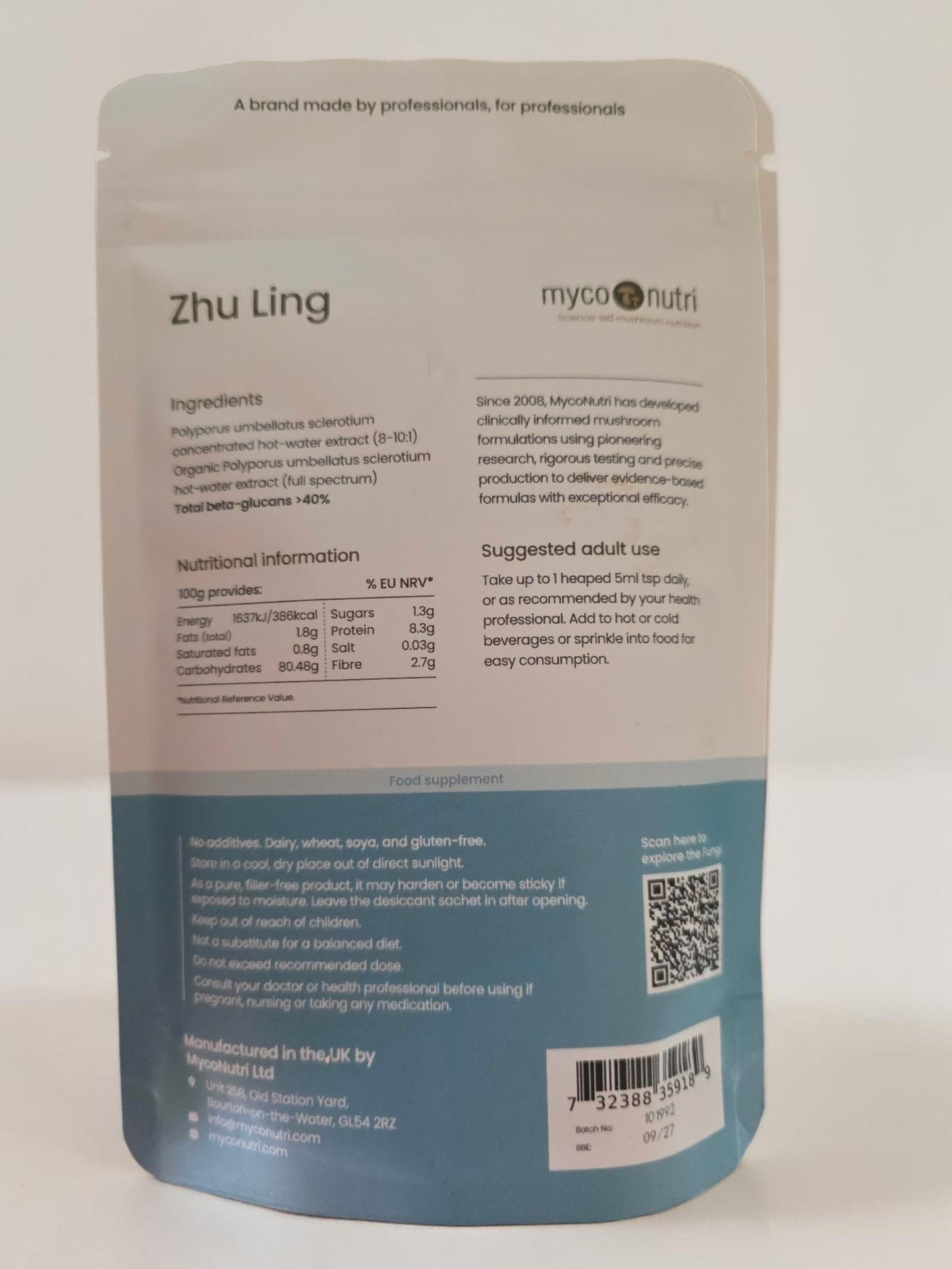 Complete supplement facts and ingredients panel on the back of the MycoNutri Zhu Ling 100g powder pouch. The label clearly guarantees clinical yields of >40% total beta-glucans from a targeted 50/50 blend of concentrated and full-spectrum hot-water extracts