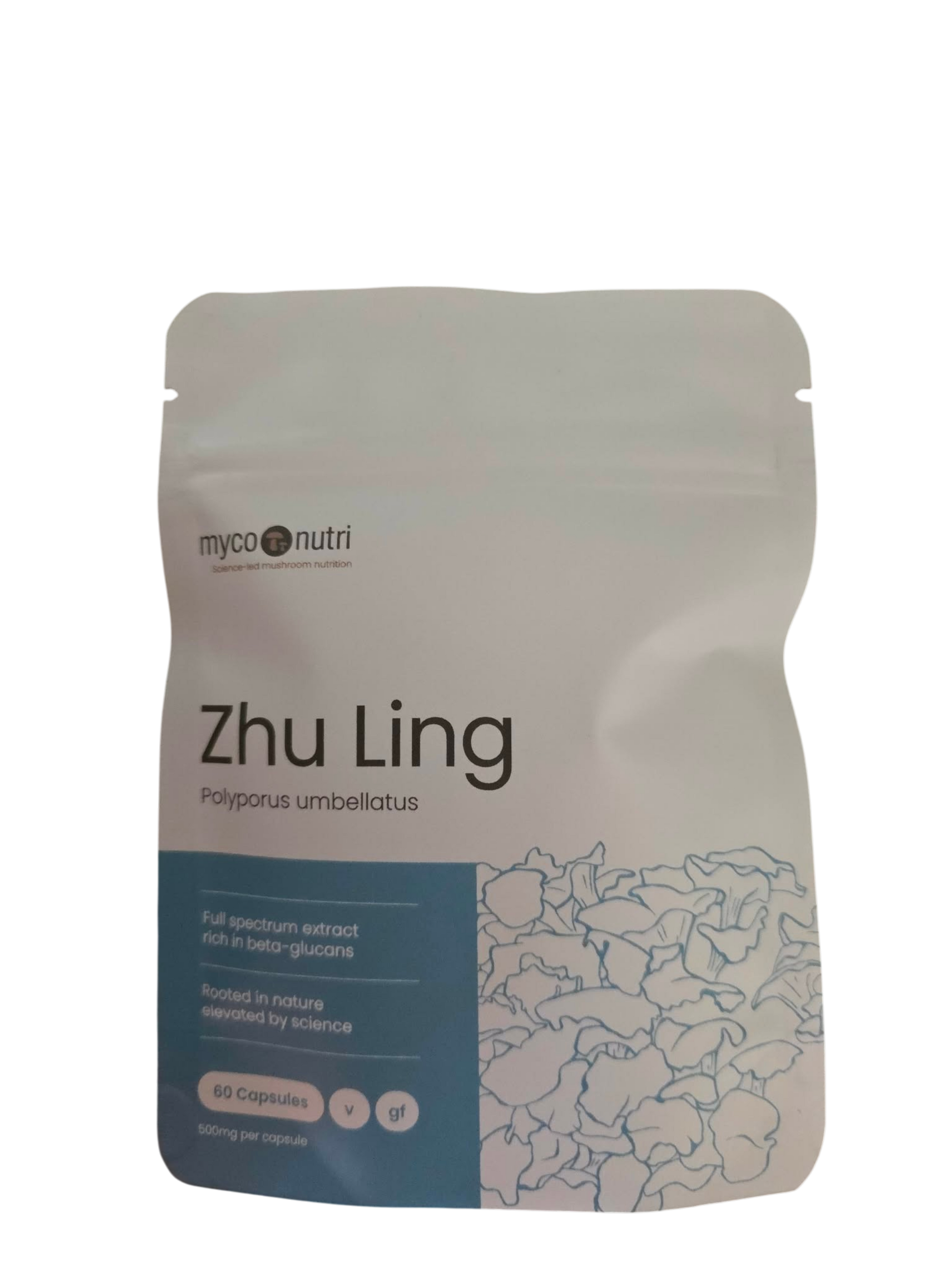 Front view of the clean white and light blue MycoNutri Zhu Ling 60 capsules pouch against a minimalist background. The label clearly indicates it contains 60 vegan capsules, with 500mg of full-spectrum Polyporus umbellatus extract per capsule