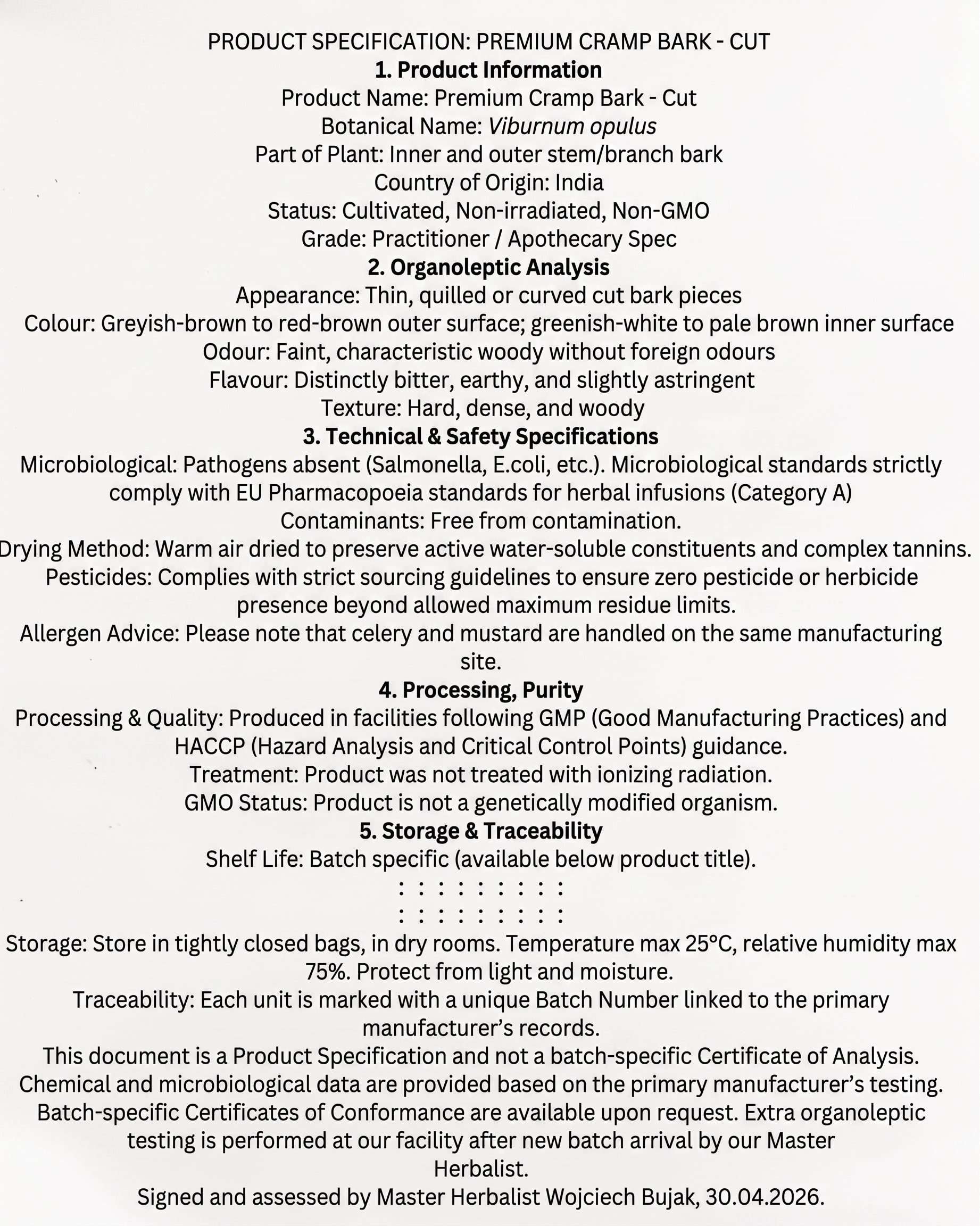 Official apothecary product specification document for premium cut Cramp Bark Viburnum opulus detailing botanical origins, organoleptic analysis, and quality standards