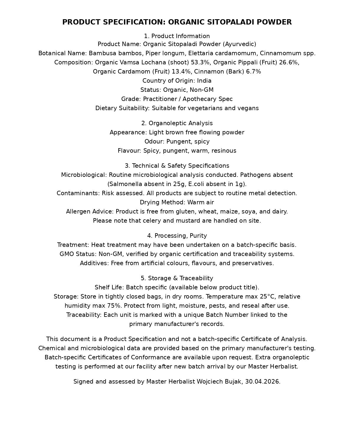 Official apothecary product specification document for premium organic Sitopaladi powder detailing botanical composition, organoleptic analysis, and quality standards
