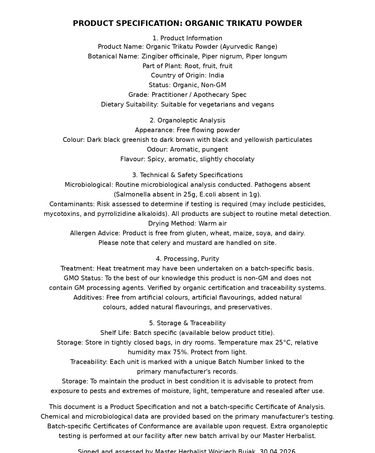 Official apothecary product specification document for premium organic Trikatu powder detailing botanical origins, organoleptic analysis, and quality standards