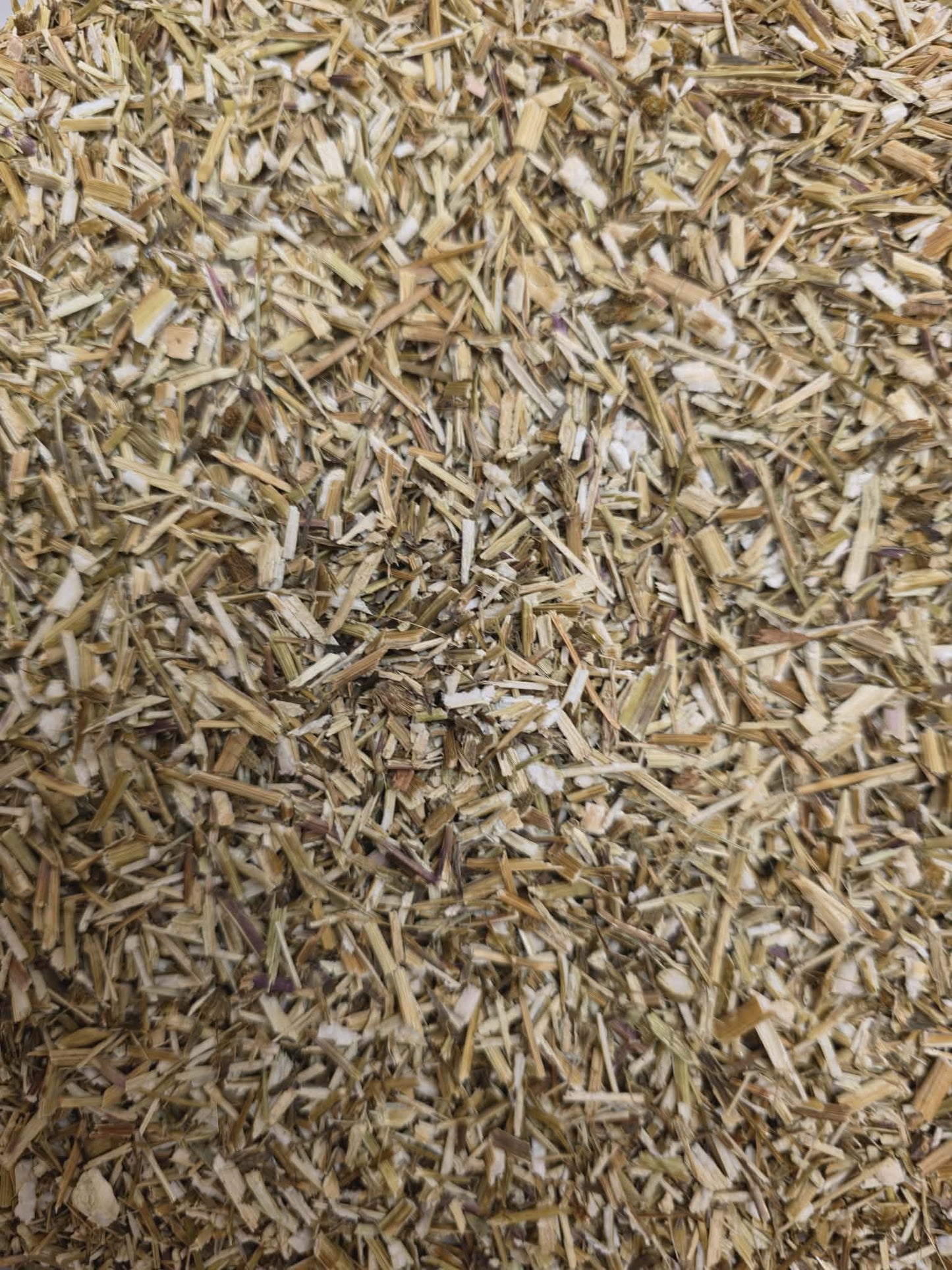 Close-up of premium dried and chopped organic Bidens tripartita (Burr Marigold) herb, showing finely cut, light brown and pale green botanical stems.