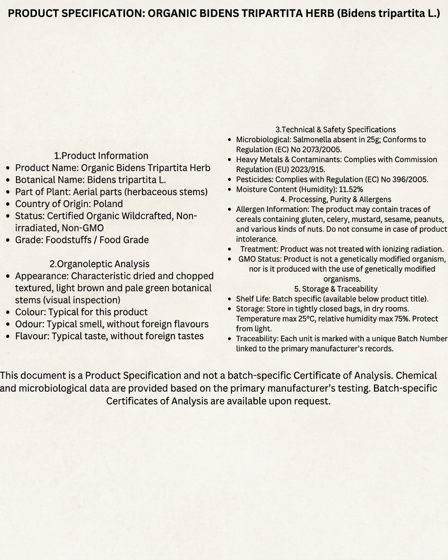 Product specification sheet for Organic Bidens Tripartita Herb (Bidens tripartita L.), detailing botanical information, organoleptic analysis, safety specifications, allergen information, and storage guidelines.
