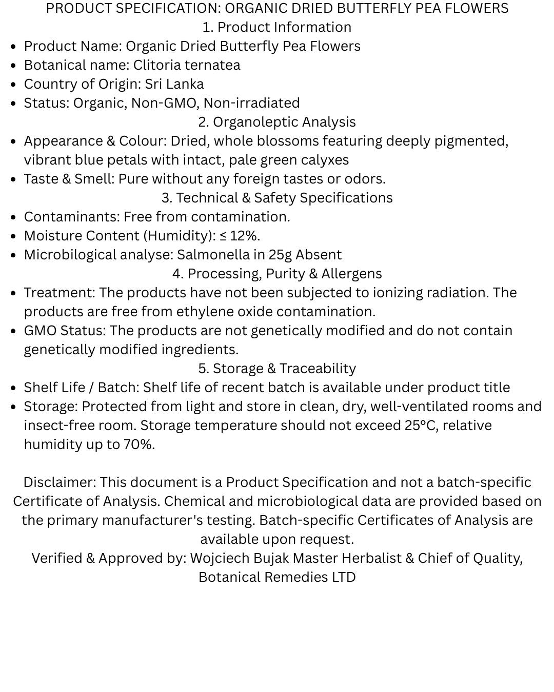 Product specification sheet for Organic Dried Butterfly Pea Flowers from Sri Lanka. Details include non-GMO and non-irradiated status, purity standards, visual appearance, storage guidelines, and official verification by Master Herbalist Wojciech Bujak.