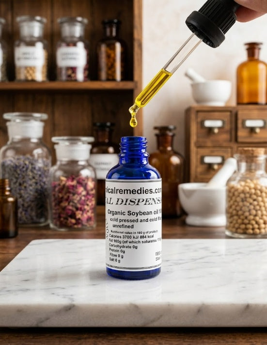 A blue glass dropper bottle of 100% pure organic cold-pressed soya oil on a white marble table, surrounded by vintage apothecary jars and herbs.