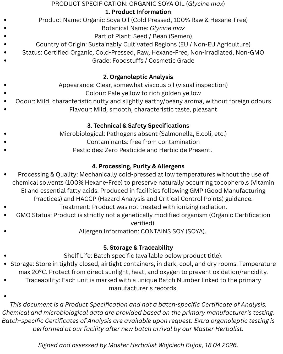 Product specification document for organic soya oil with details on appearance, odour, technical safety, processing, purity, allergens, storage, and traceability.