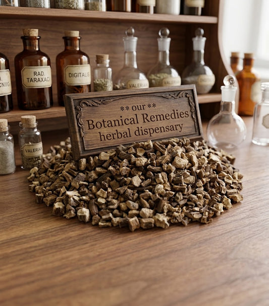 substantial pile of premium, whole Organic Dandelion root (Taraxacum officinale), displayed in an authentic apothecary dispensary setting next to a Botanical Remedies carved wooden sign.