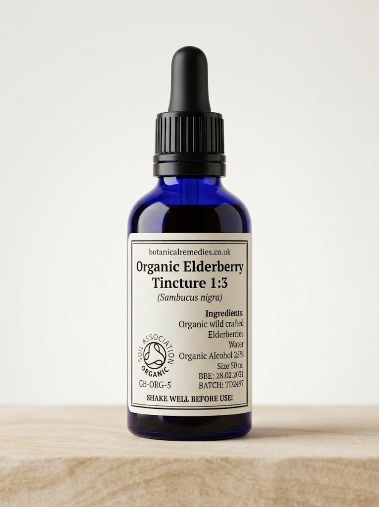Soil Association Certified Organic Elderberry Tincture 1:3 (Sambucus nigra) 25% ABV amber glass bottle an respiratory and immune support