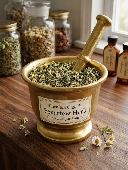A golden mortar and pestle filled with dried Premium Organic Feverfew herb (Tanacetum parthenium), featuring vibrant green leaves and small daisy-like flowers. The mortar has a custom label reading 'Premium Organic Feverfew Herb' and sits on a wooden apothecary counter with loose flowers scattered nearby, backed by a display of glass botanical jars and amber bottles.