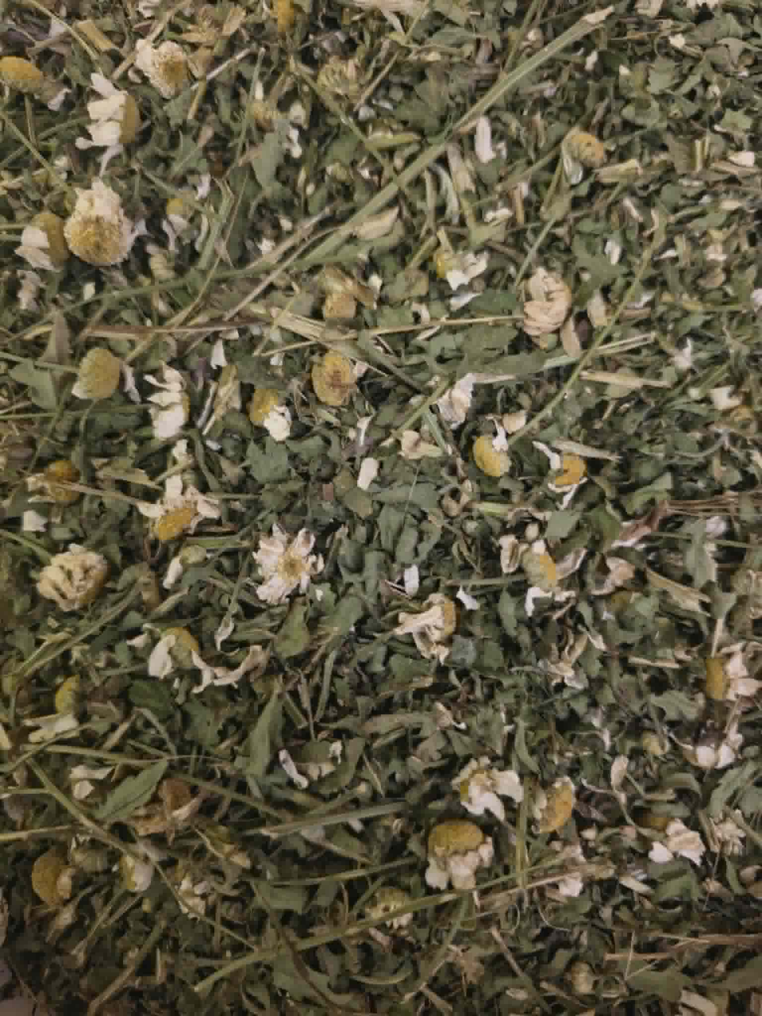 A highly detailed close-up showing the rich texture of dried Organic Feverfew herb (Tanacetum parthenium), featuring vibrant green chopped leaves and traditional daisy-like flower heads.