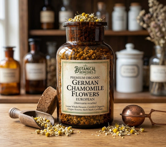 A traditional apothecary jar filled with practitioner-grade Organic German Chamomile flowers from Kosovo, sitting on a wooden dispensary counter with a copper tea strainer.