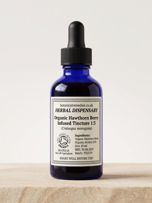 Soil Association Certified Organic Hot-Infused Hawthorn Berry Tincture 1:3 (Crataegus monogyna) 25% ABV amber glass dropper bottle, traditional heart and cardiovascular support.