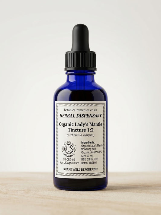 Soil Association Certified Organic Lady's Mantle Tincture 1:3 (Alchemilla vulgaris) 25% ABV practitioner grade amber glass dropper bottle.