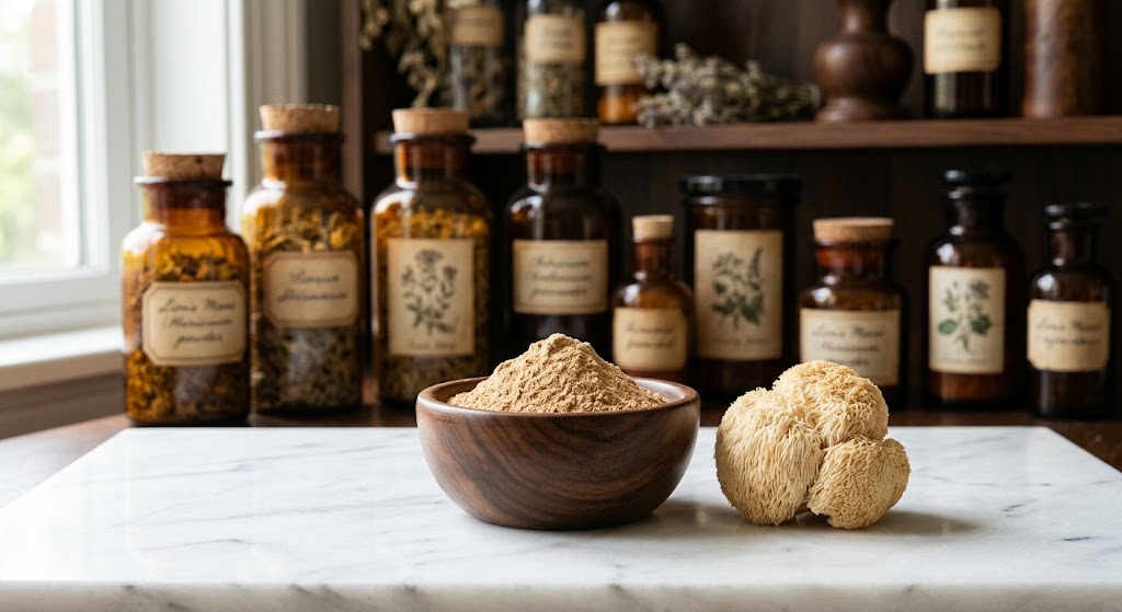 A small wooden bowl filled with fine creamy brown Organic Lion's Mane mushroom powder resting next to a whole dried Lion's Mane fruiting body on a pristine white marble table inside an herbal dispensary.