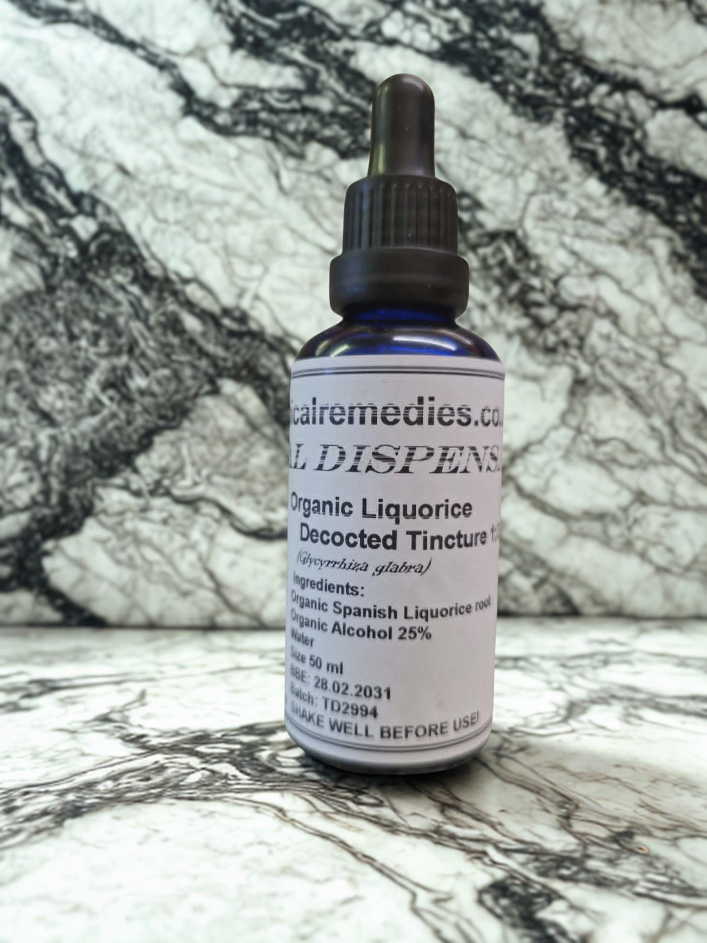 Organic Liquorice Root Tincture (Glycyrrhiza glabra) by Botanical Remedies. A 50ml blue glass dropper bottle displaying a practitioner-grade label with a 1:3 ratio and premium Spanish root ingredients