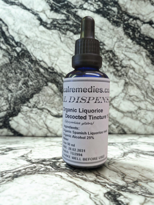 Organic Liquorice Root Tincture (Glycyrrhiza glabra) by Botanical Remedies. A 50ml blue glass dropper bottle displaying a practitioner-grade label with a 1:3 ratio and premium Spanish root ingredients