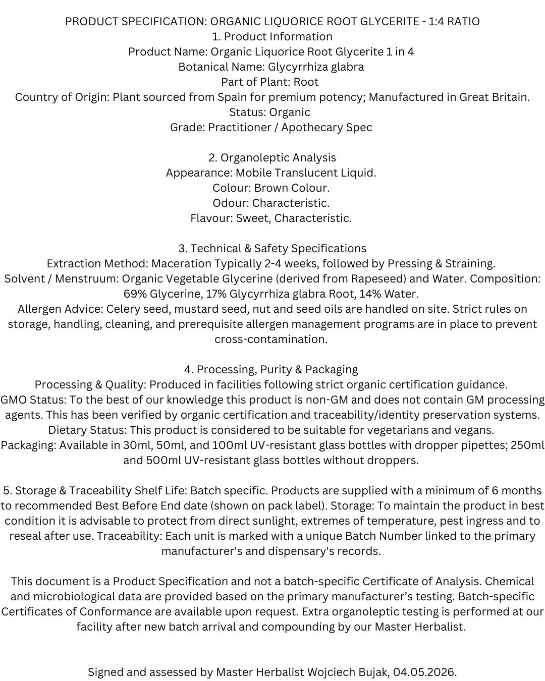 Organic Liquorice Root Glycerite (Glycyrrhiza glabra) official product specification sheet. This document details the alcohol-free 1:4 extraction ratio, premium Spanish root sourcing, and rigorous purity standards maintained by Botanical Remedies.