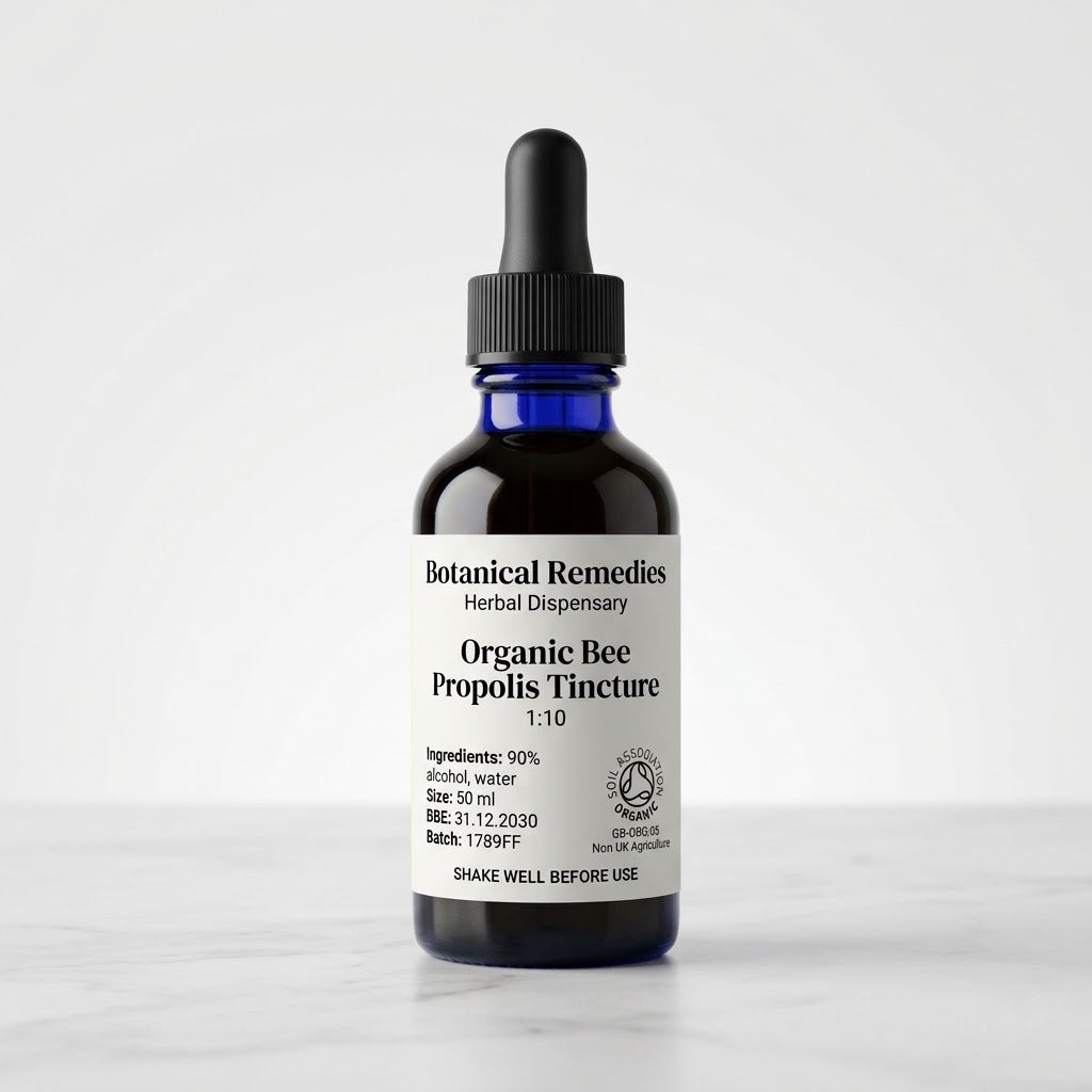 Soil Association Certified Organic Propolis Fresh Tincture 1:10 bottle in UV-resistant glass displaying 90% organic alcohol formulation for practitioner use.