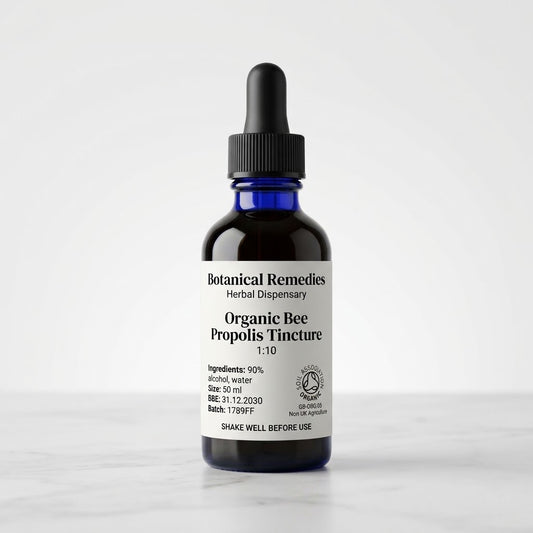 Soil Association Certified Organic Propolis Fresh Tincture 1:10 bottle in UV-resistant glass displaying 90% organic alcohol formulation for practitioner use.