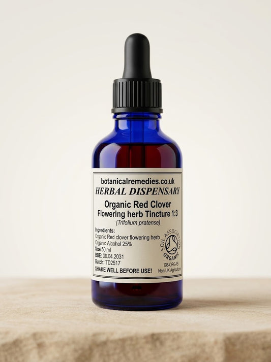 Soil Association Certified Organic Red Clover Tincture 1:3 25% ABV (Trifolium pratense) amber glass dropper bottle for alterative and lymphatic support.