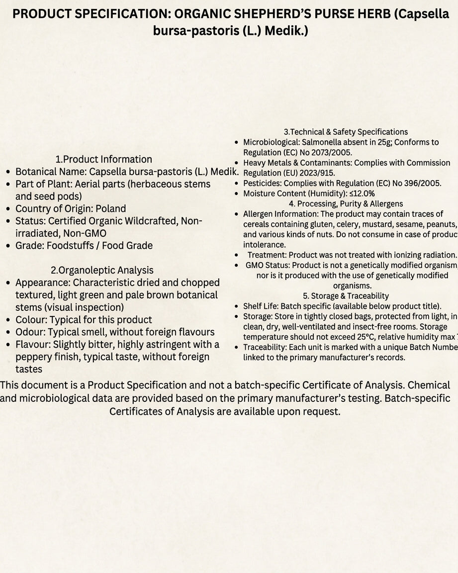 Product specification sheet for Organic Shepherd's Purse Herb (Capsella bursa-pastoris), detailing botanical information, organoleptic analysis, safety specifications, allergen information, and storage guidelines.